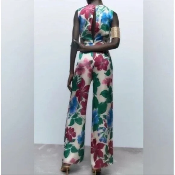 Zara NWT floral satin jumpsuit dress XS